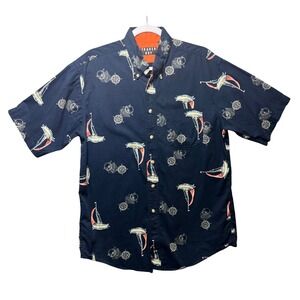 Trader Bay Navy Blue Sailboat Nautical Print Short Sleeve Button Up Shirt Medium